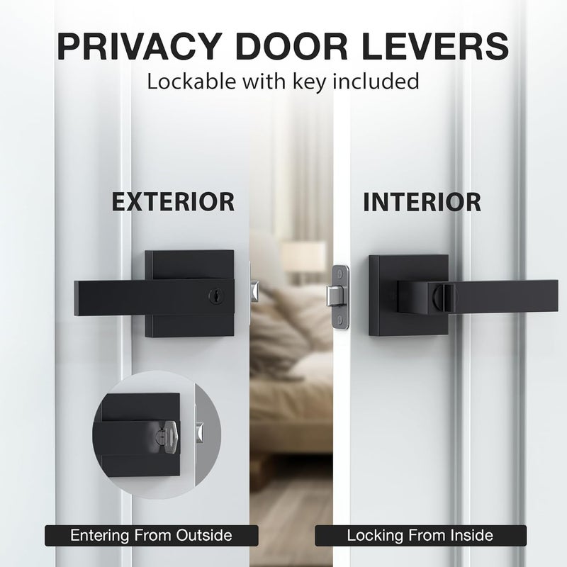 Lifetime Supplies 6 Pack Matte Black Metal Door Handles with Keys Included - Heavy Duty Privacy Interior Door Levers Reversible Square Handle for Bedroom, Bathroom, Closet - Image 2